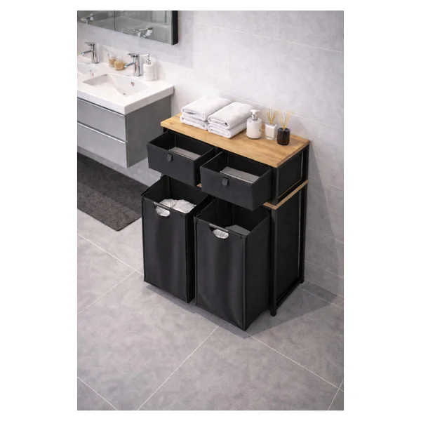 Miyuhome Metal Kızaklı Çamaşır Sepeti 2 Adet Saklama Kutulu 2x40 Lt Kirli Sepeti Büyük Boy Raflı Kirli Sepeti - Görsel 6