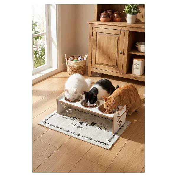 Gobypet Ahşap Üç Gözlü Ayarlanabilir Kedi-Köpek Mama Ve Su Kabı - Kahverengi - Görsel 9