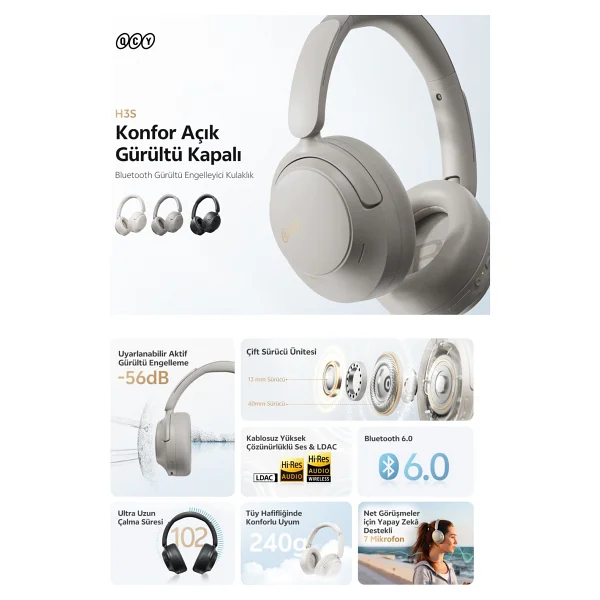 Qcy H3s ANC Kulak Üstü Bluetooth Kulaklık - Görsel 2