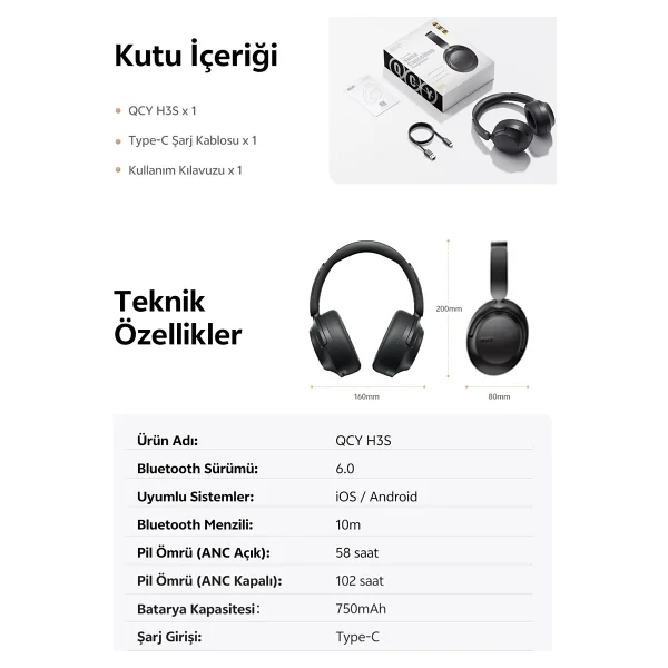 Qcy H3s ANC Kulak Üstü Bluetooth Kulaklık - Görsel 10