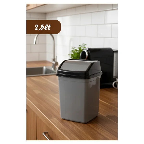 Porsima 0098 Kapaklı Gri-Siyah Çöp Kutusu - Favori Banyo Ve Mutfak Çöp Kovası 30lt - 30 Lt - Görsel 5