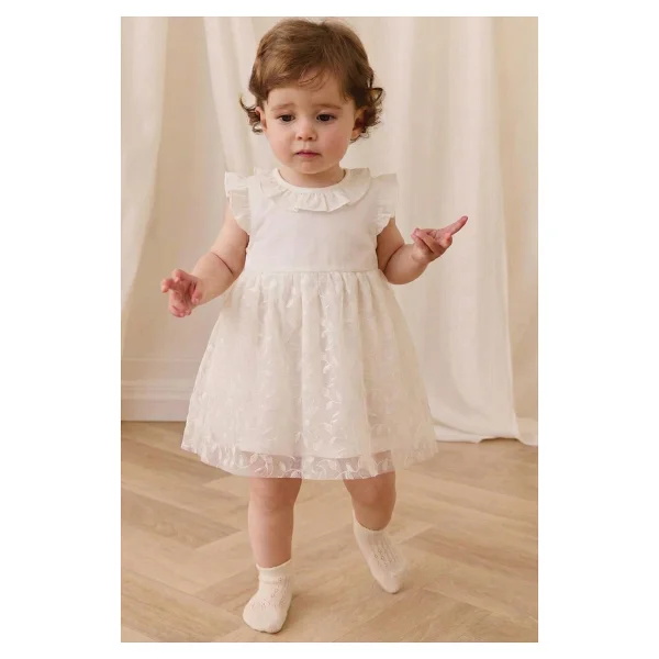 Cigit Yaprak Desen Tül Garnili Bebe Elbise 0-4 Yaş Kırık Beyaz - Görsel 4