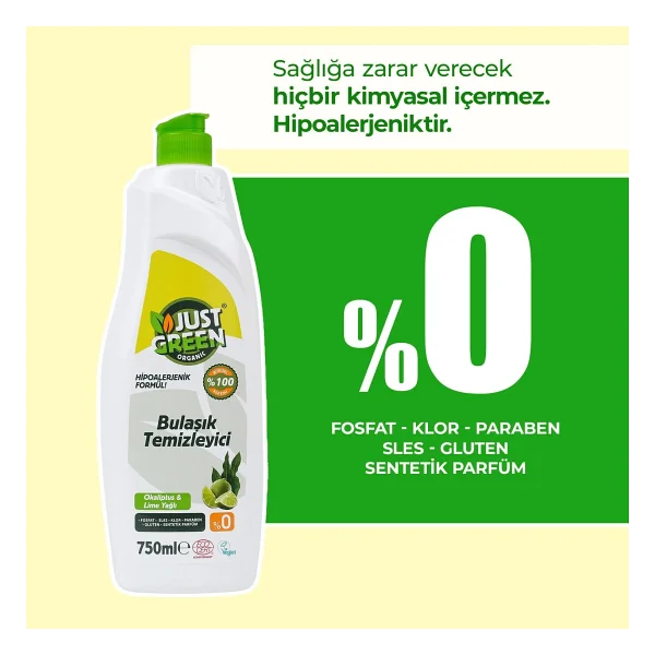 Just Green Organic Bitkisel Okaliptüs Ve Lime Yağlı Sıvı Bulaşık Deterjanı 750 Ml - Görsel 2