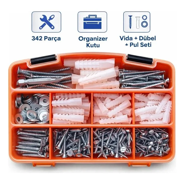 Cıvtex Civata 342 Parça Vida Dübel Pul Seti - Dın 7505 Sunta Vidası - Organizer Takım Kutusu - 1 Adet - Görsel 8
