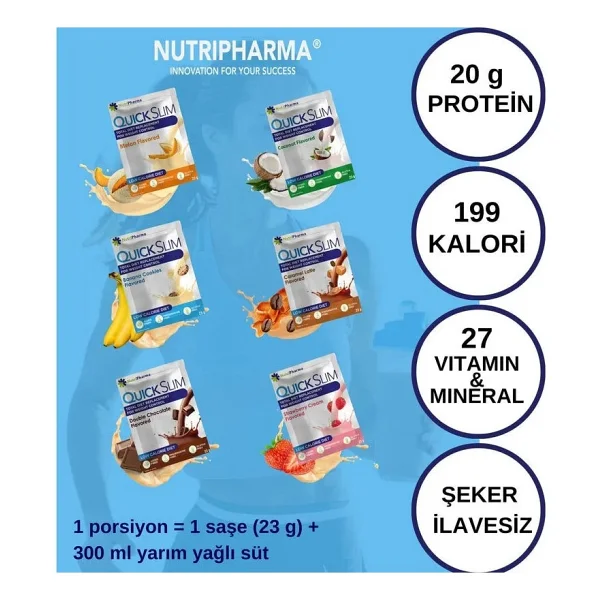 Quick Slim Yüksek Proteinli Diyet Shake 60 Saşe Aromalı Öğün Tozu Shaker Hediye İle - Görsel 8