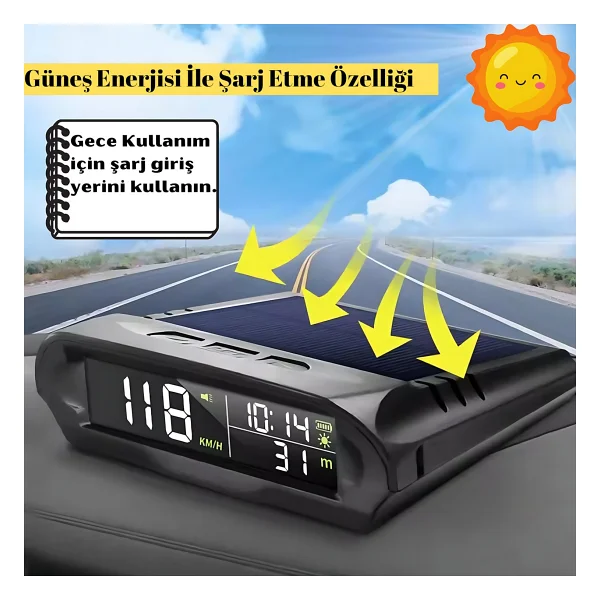 Artnest Araç GPS Güneş Enerjili Dijital Hız Göstergeli Çok Fonksiyonlu Hız Ölçer S98 Hud Ekran - Görsel 2