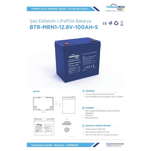 Tommatech 12.8 V 100 Ah Abs+PC Kasa Lityum Marin Akü - Görsel 2
