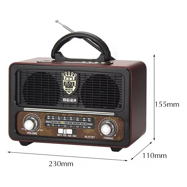 Meier M-111bt Nostaljik Radyo USB Tf Aux Kumandalı Bluetoothlu Fm Am Sw1-2 Radyo Hoparlör - Koyu Ahşap - Görsel 2