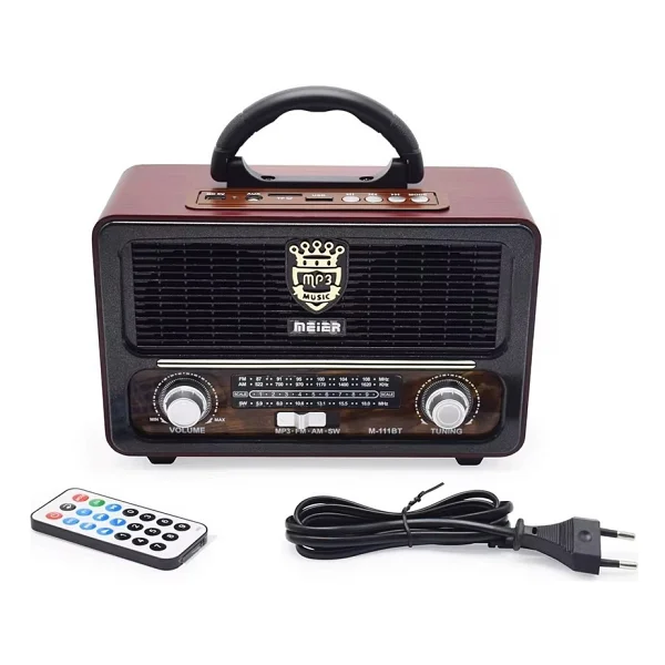 Meier M-111bt Nostaljik Radyo USB Tf Aux Kumandalı Bluetoothlu Fm Am Sw1-2 Radyo Hoparlör - Koyu Ahşap - Görsel 3