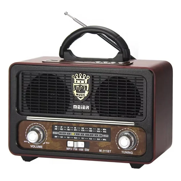 Meier M-111bt Nostaljik Radyo USB Tf Aux Kumandalı Bluetoothlu Fm Am Sw1-2 Radyo Hoparlör - Koyu Ahşap - Görsel 4