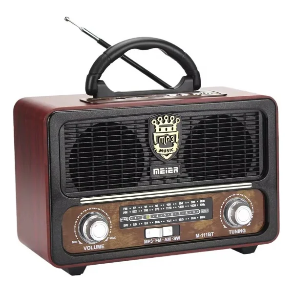 Meier M-111bt Nostaljik Radyo USB Tf Aux Kumandalı Bluetoothlu Fm Am Sw1-2 Radyo Hoparlör - Koyu Ahşap - Görsel 6