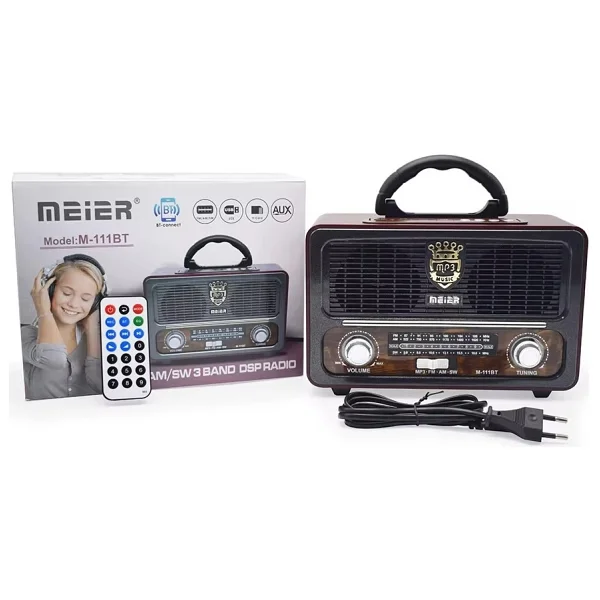 Meier M-111bt Nostaljik Radyo USB Tf Aux Kumandalı Bluetoothlu Fm Am Sw1-2 Radyo Hoparlör - Koyu Ahşap - Görsel 7