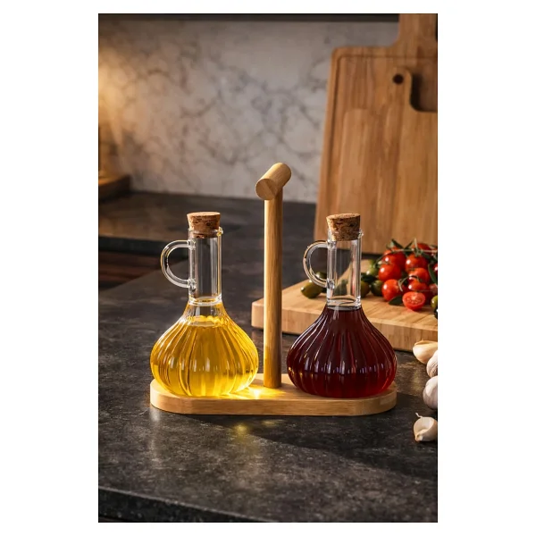 Porsima 415 2li Standlı Mantar Kapaklı Borosilikat Cam Yağlık Sirkelik Yağdanlık 250+250ml - 2 Li - Görsel 4