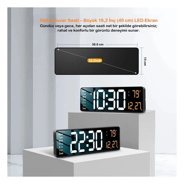 Umotech Büyük Ekran 16" LED Duvar Saati Dijital Saat Alarm Ev-Ofis Kullanım - Görsel 3