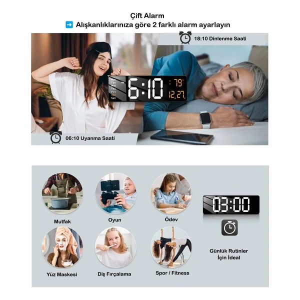 Umotech Büyük Ekran 16" LED Duvar Saati Dijital Saat Alarm Ev-Ofis Kullanım - Görsel 4