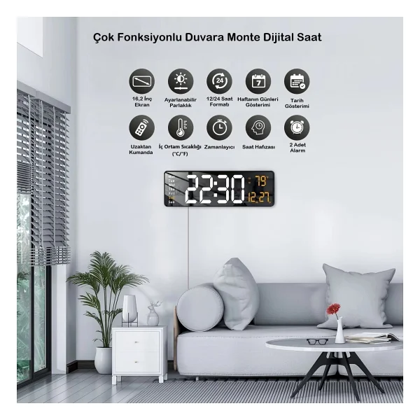 Umotech Büyük Ekran 16" LED Duvar Saati Dijital Saat Alarm Ev-Ofis Kullanım - Görsel 5