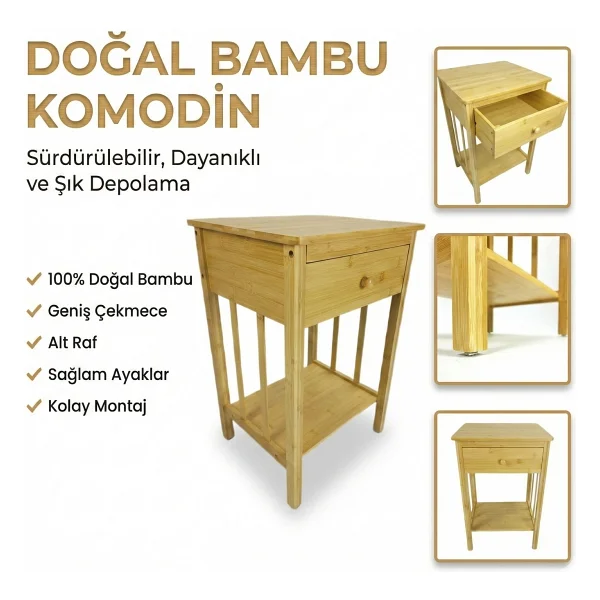 Robin Home Doğal Bambu Tek Çekmeceli Raflı Komodin Yan Sehpa - Görsel 6
