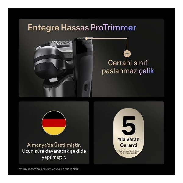 Braun Profesyonel Sakal Kesimi Için Geliştirilmiş Altın Titanyum Kaplamalı Folyo Başlıklı Su Geçirmez Islak Kuru Kullanıma Uygun 3 Parça Premium Tıraş Makinesi Series 9 Pro+ - Gümüş - Görsel 7