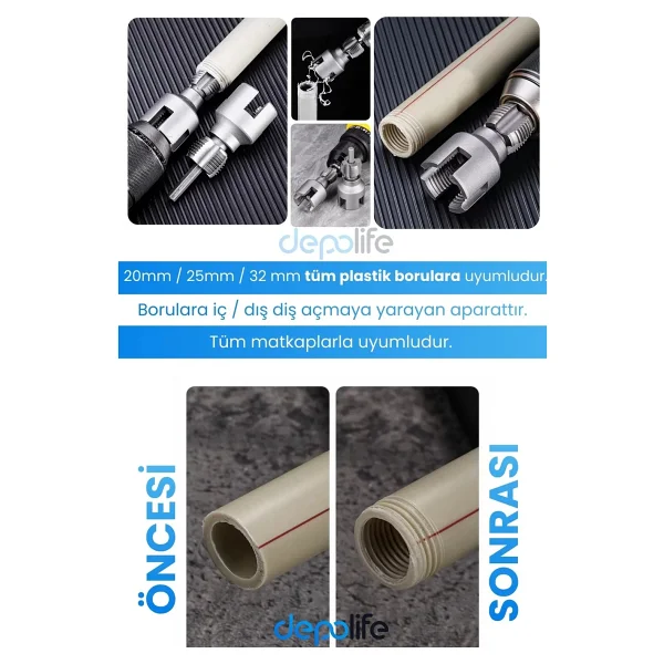 Depolife 3' Lü Set 1/2 3/4 1 Inç Iç Dış Plastik Boru Diş Açma Seti Pvc Pafta Klavuz 20mm 25mm 32mm Pprc - Görsel 4