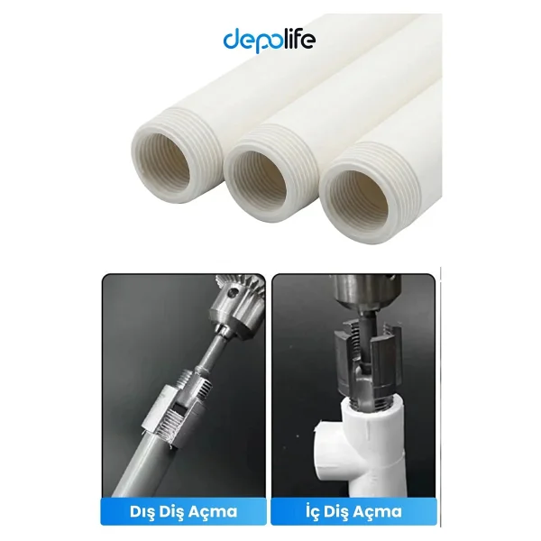 Depolife 3' Lü Set 1/2 3/4 1 Inç Iç Dış Plastik Boru Diş Açma Seti Pvc Pafta Klavuz 20mm 25mm 32mm Pprc - Görsel 6