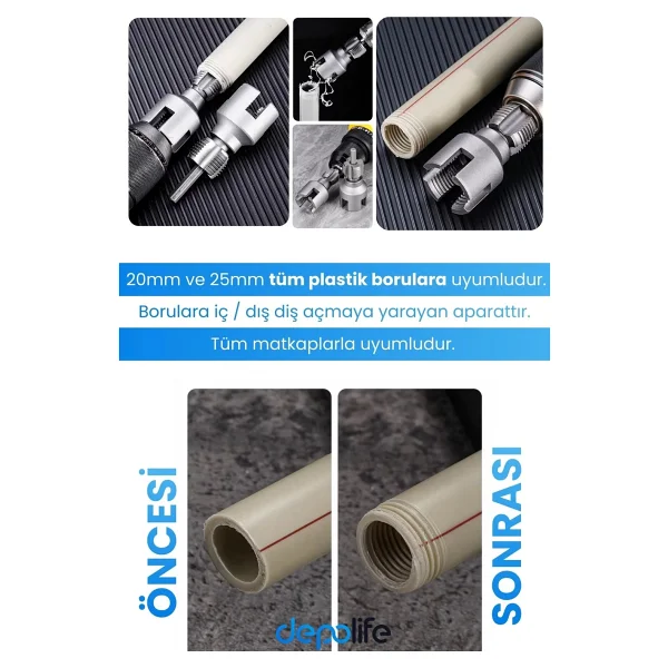 Depolife 2' Li Set İç Dış Plastik Boru Diş Açma Seti 1/2 Ve 3/4 İnç Pvc Boru Pafta Klavuz 20mm 25mm Pprc - Görsel 3