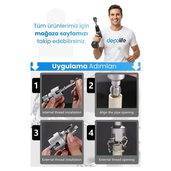 Depolife 2' Li Set İç Dış Plastik Boru Diş Açma Seti 1/2 Ve 3/4 İnç Pvc Boru Pafta Klavuz 20mm 25mm Pprc - Görsel 7