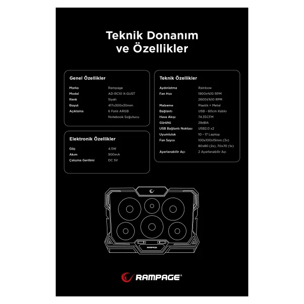 Rampage Ad-Rc10 X-Gust 6 Fanlı Laptop Soğutucu - Görsel 8