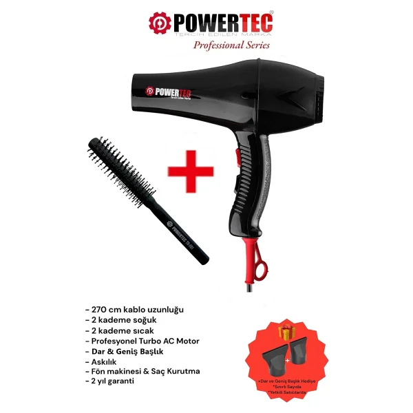 Powertec Tr-901 2000 W Profesyonel Fön Makinesi + Berber Fön Fırçası - Görsel 9