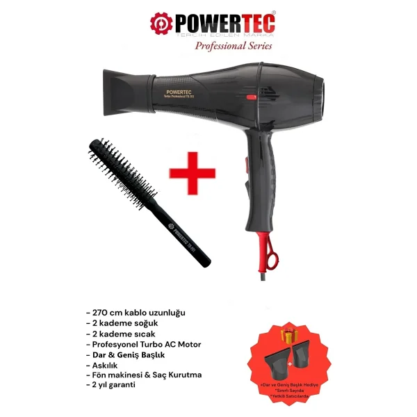 Powertec Tr-701 2500 W Profesyonel Fön Makinesi + Berber Fön Fırçası - Görsel 7