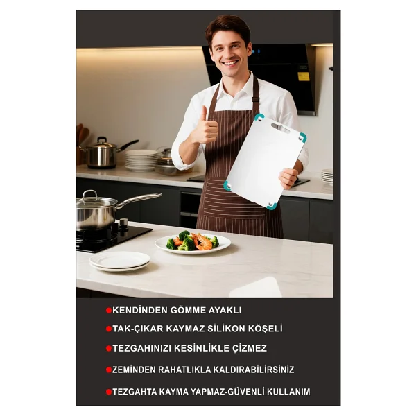 Bright Paslanmaz Çelik Kesme Tahtası ( Gömme Ayaklı - 304 )Patentli - Antibakteriyel - Görsel 3