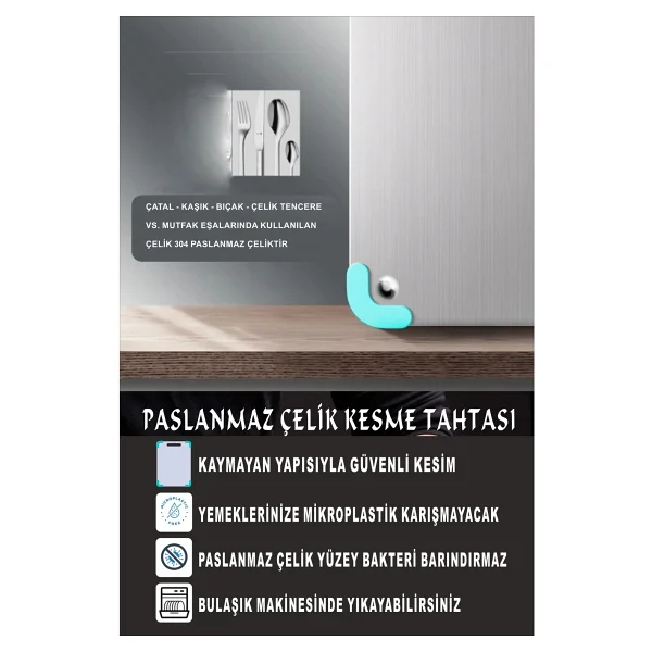 Bright Paslanmaz Çelik Kesme Tahtası ( Gömme Ayaklı - 304 )Patentli - Antibakteriyel - Görsel 7