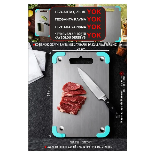 Bright Paslanmaz Çelik Kesme Tahtası ( Gömme Ayaklı - 304 )Patentli - Antibakteriyel - Görsel 8