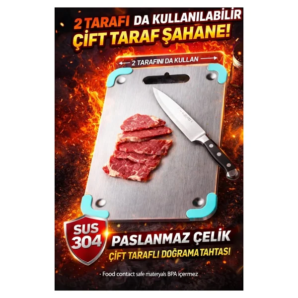 Bright Paslanmaz Çelik Kesme Tahtası ( Gömme Ayaklı - 304 )Patentli - Antibakteriyel - Görsel 9