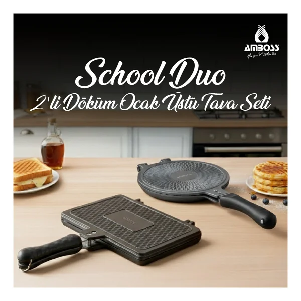 Amboss School Duo 2'li Döküm Waffle Tava Ve Ocak Üstü Tost Makinesi Seti - Görsel 10