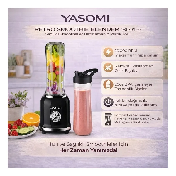Yasomi Bl019 Retro 300 W Siyah Smoothie Blender - Görsel 7