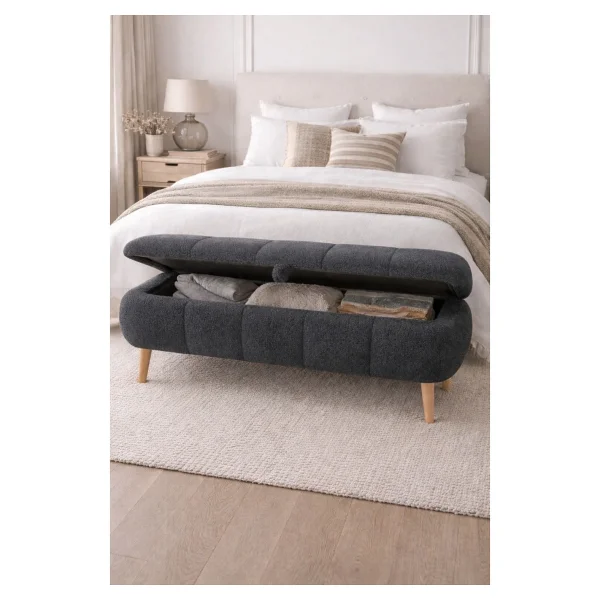 Own Home Sara Sandıklı Puf Bench, Teddy Kumaş Kaplamalı Ahşap Ayaklı Modern Bench Puf - Kahve - Görsel 3