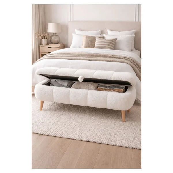 Own Home Sara Sandıklı Puf Bench, Teddy Kumaş Kaplamalı Ahşap Ayaklı Modern Bench Puf - Kahve - Görsel 4