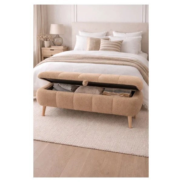 Own Home Sara Sandıklı Puf Bench, Teddy Kumaş Kaplamalı Ahşap Ayaklı Modern Bench Puf - Kahve