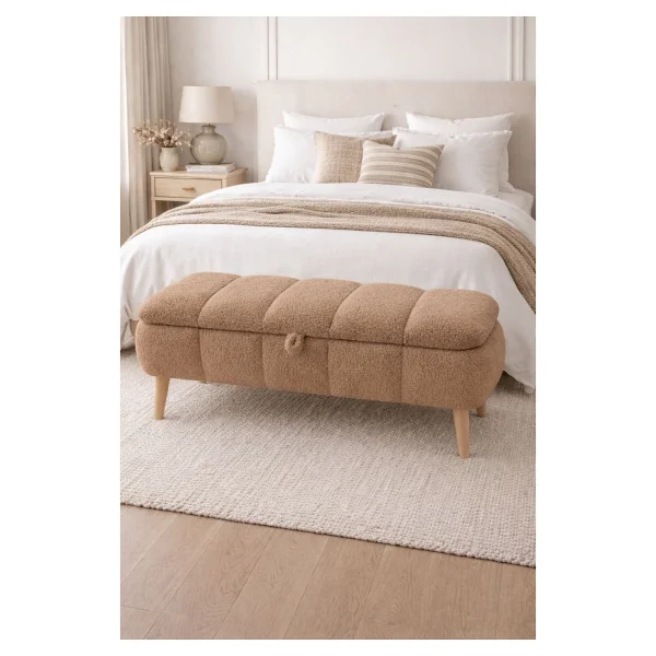 Own Home Sara Sandıklı Puf Bench, Teddy Kumaş Kaplamalı Ahşap Ayaklı Modern Bench Puf - Kahve - Görsel 2