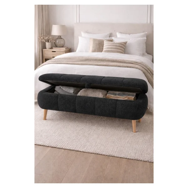 Own Home Sara Sandıklı Puf Bench, Teddy Kumaş Kaplamalı Ahşap Ayaklı Modern Bench Puf - Kahve - Görsel 5