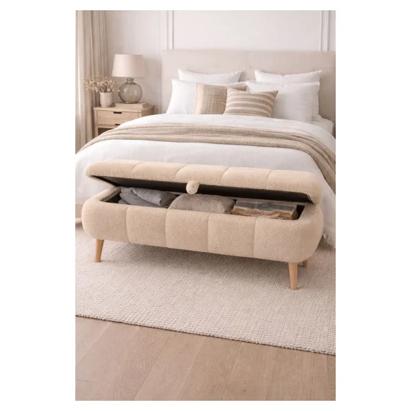 Own Home Sara Sandıklı Puf Bench, Teddy Kumaş Kaplamalı Ahşap Ayaklı Modern Bench Puf - Kahve - Görsel 6