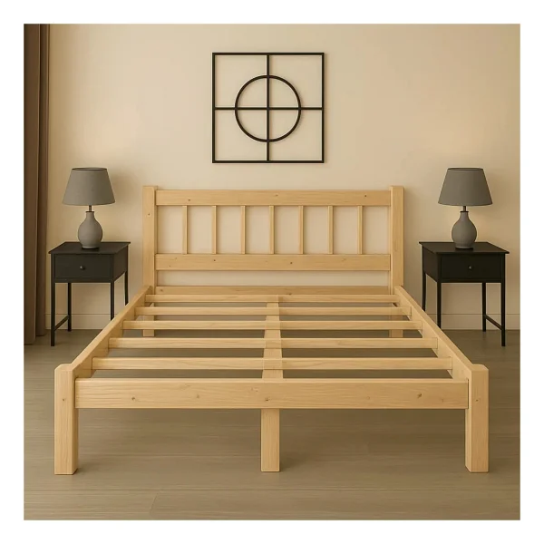 Pinoxi 100cm X 200cm Doğal Masif Ahşap Yuvarlak Çıtalı Başlıklı Karyola Doğal Ahşap Natural Renk - 100 X 200 Cm - Görsel 3