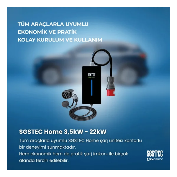 Sgstec Home 22 Kw 5 M Kablolu Taşınabilir Elektrikli Araç Şarj İstasyonu - Görsel 2