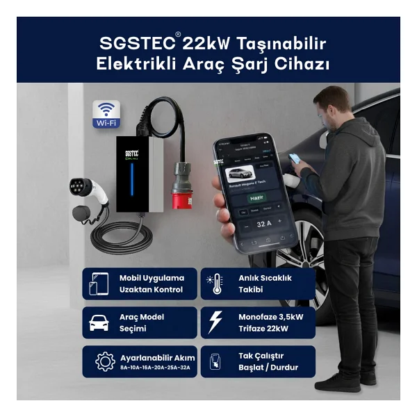 Sgstec Home 22 Kw 5 M Kablolu Taşınabilir Elektrikli Araç Şarj İstasyonu - Görsel 3