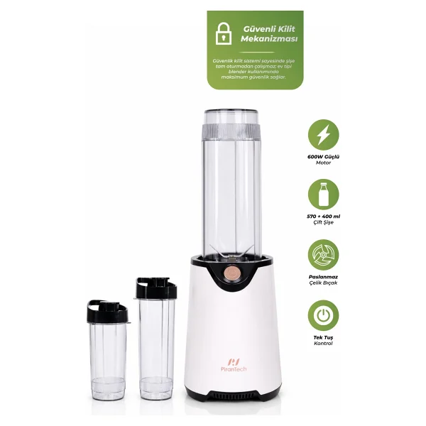Pirantech Yh-1200 Kişisel Blender - 600w Güçlü & Taşınabilir Smoothie Makinesi - Beyaz - Görsel 6