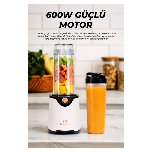 Pirantech Yh-1200 Kişisel Blender - 600w Güçlü & Taşınabilir Smoothie Makinesi - Beyaz - Görsel 2