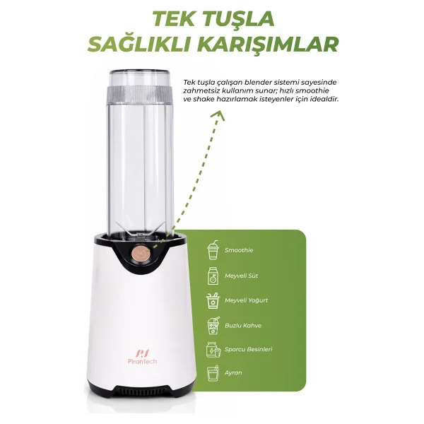 Pirantech Yh-1200 Kişisel Blender - 600w Güçlü & Taşınabilir Smoothie Makinesi - Beyaz - Görsel 3
