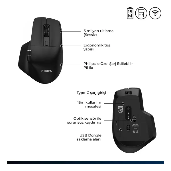 Philips Spk7858 Siyah Şarjlı Sessiz Optik Kablosuz Mouse - Görsel 7