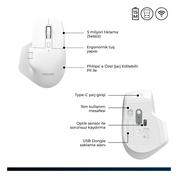 Philips Spk7858 Beyaz Şarjlı Sessiz Optik Kablosuz Mouse - Görsel 7
