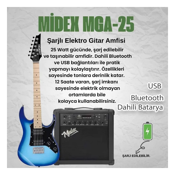 Maxword De-150bl-25amp Maple Klavye Hh Yüksek Kaliteli 25w Amfili Elektro Gitar Seti - Görsel 3